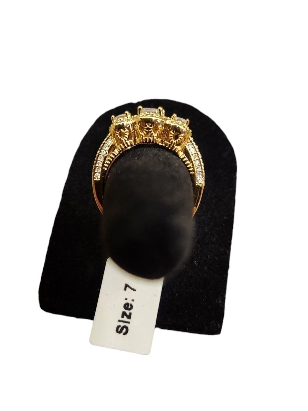 18K Gold Plated 3-Stone Simulated Diamond Halo Ring, 1.65 Ct, NEW - Picture 5 of 6